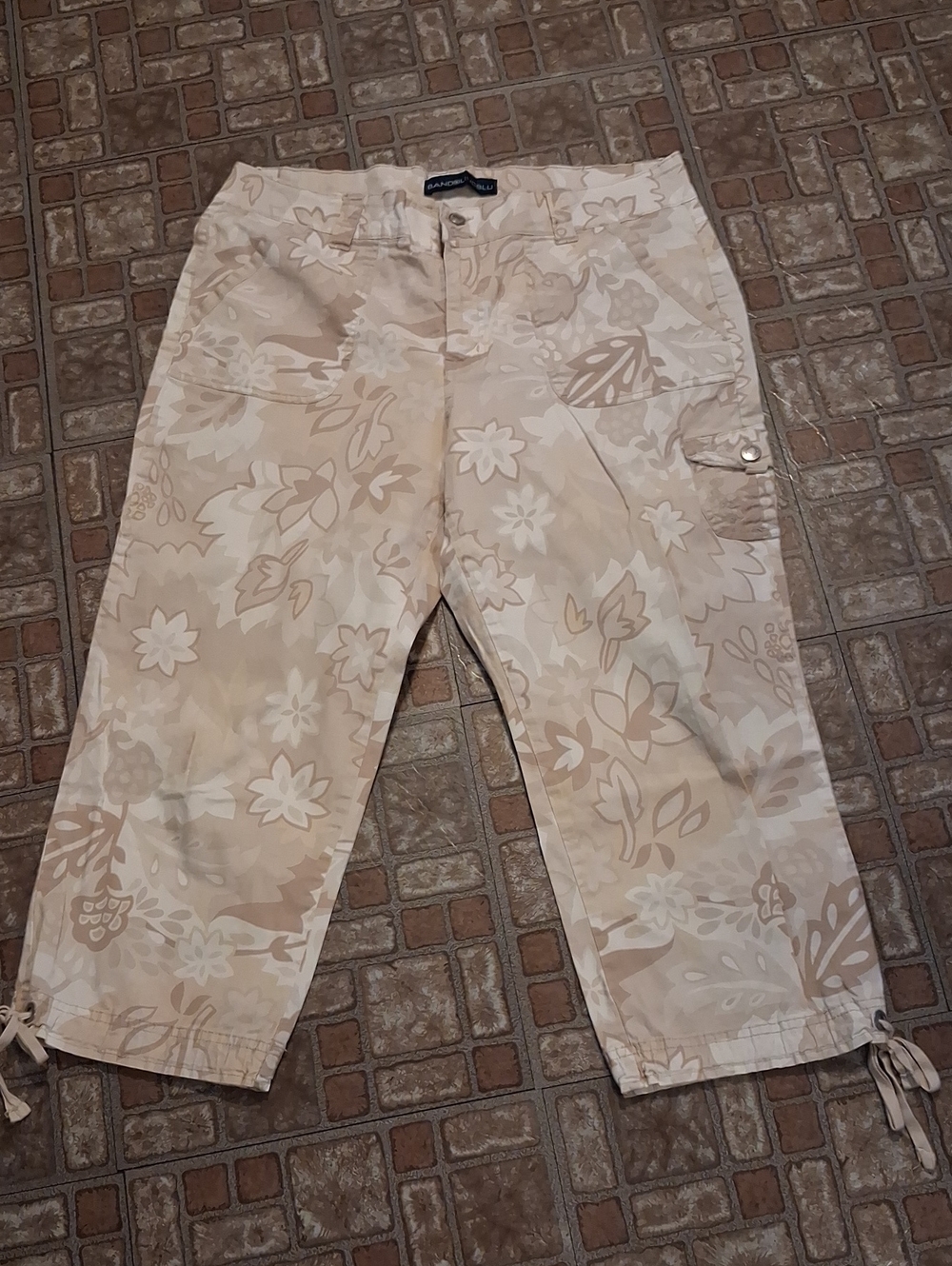Floral Beige Cargo Capris with Drawstring Hem